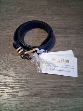 Grace Karin Navy Leather Belt with Gold-Tone Buckle